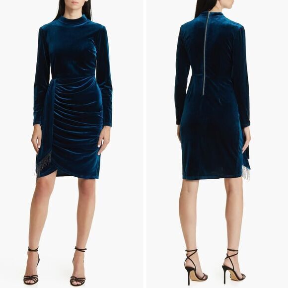 New! Tahari ASL Beaded Drape Long‎ Sleeve Stretch Velvet Sheath Dress size 16